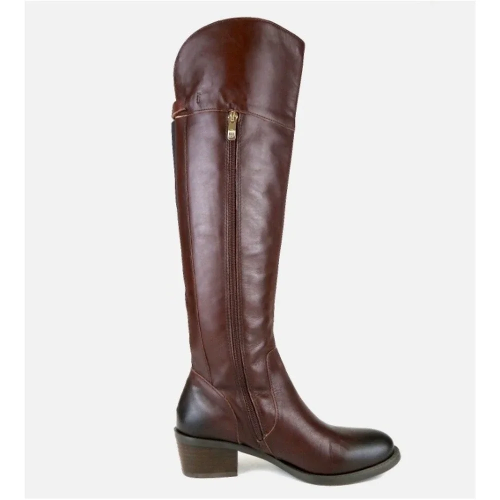 Vince‎ Camuto Over the Knee Leather Boots Cognac Brown Gold Buckle Womens 12 42